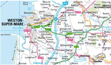 Map of the Mendips around Weston-Super-Mare